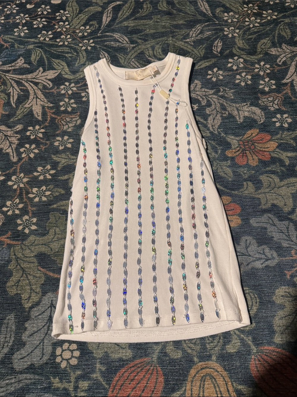 Womens White Sleeveless Sequin Stripe Tank Top